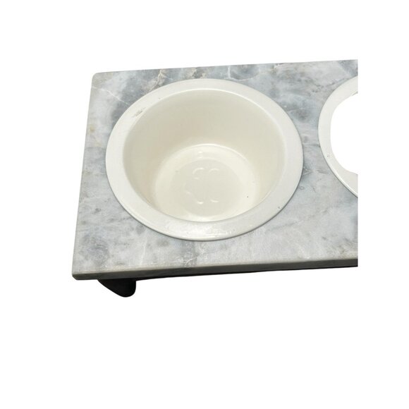 Elevated Pet Feeder x 2 Enamel Bowl Set Oak Hard Wood Base Marble Top Dog Cat - Picture 13 of 14